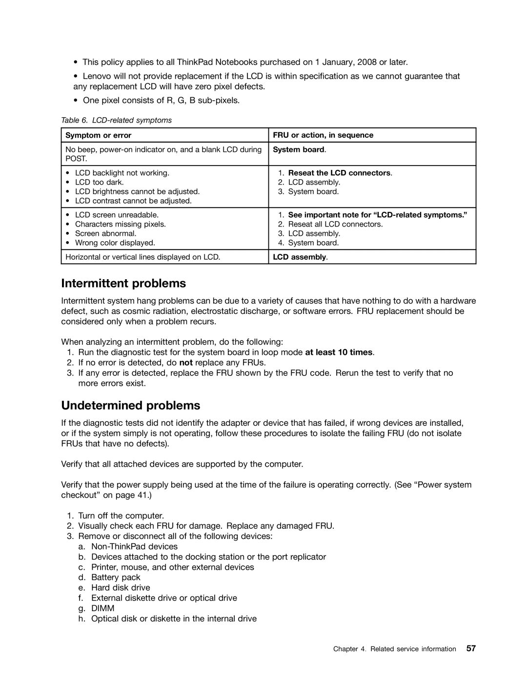 Lenovo 3093AC6 manual Intermittent problems, Undetermined problems, Reseat the LCD connectors, LCD assembly 