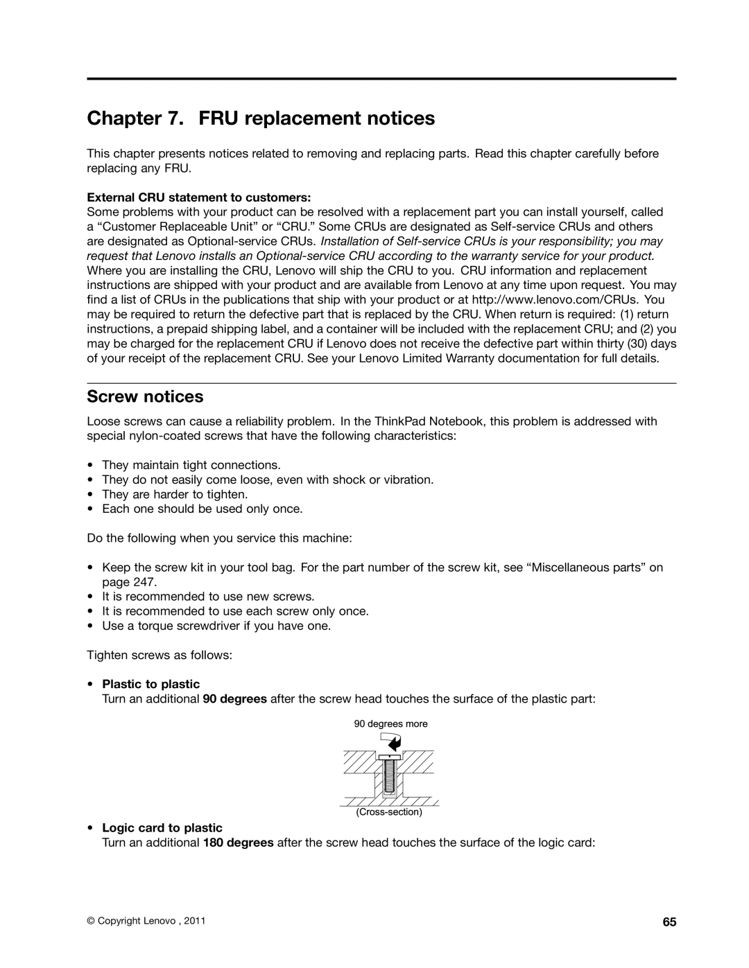 Lenovo 3093AC6 manual FRU replacement notices, Screw notices 