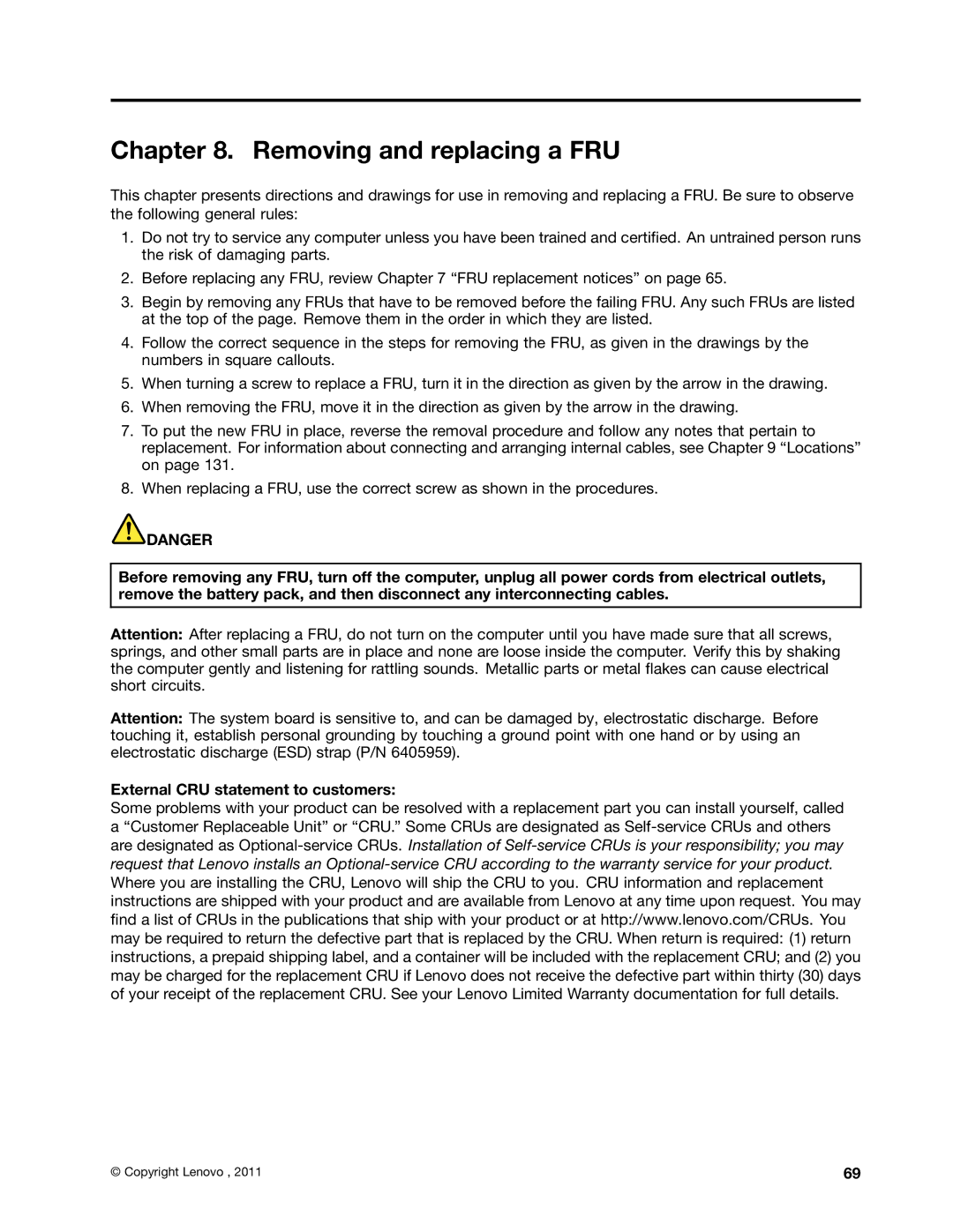 Lenovo 3093AC6 manual Removing and replacing a FRU 