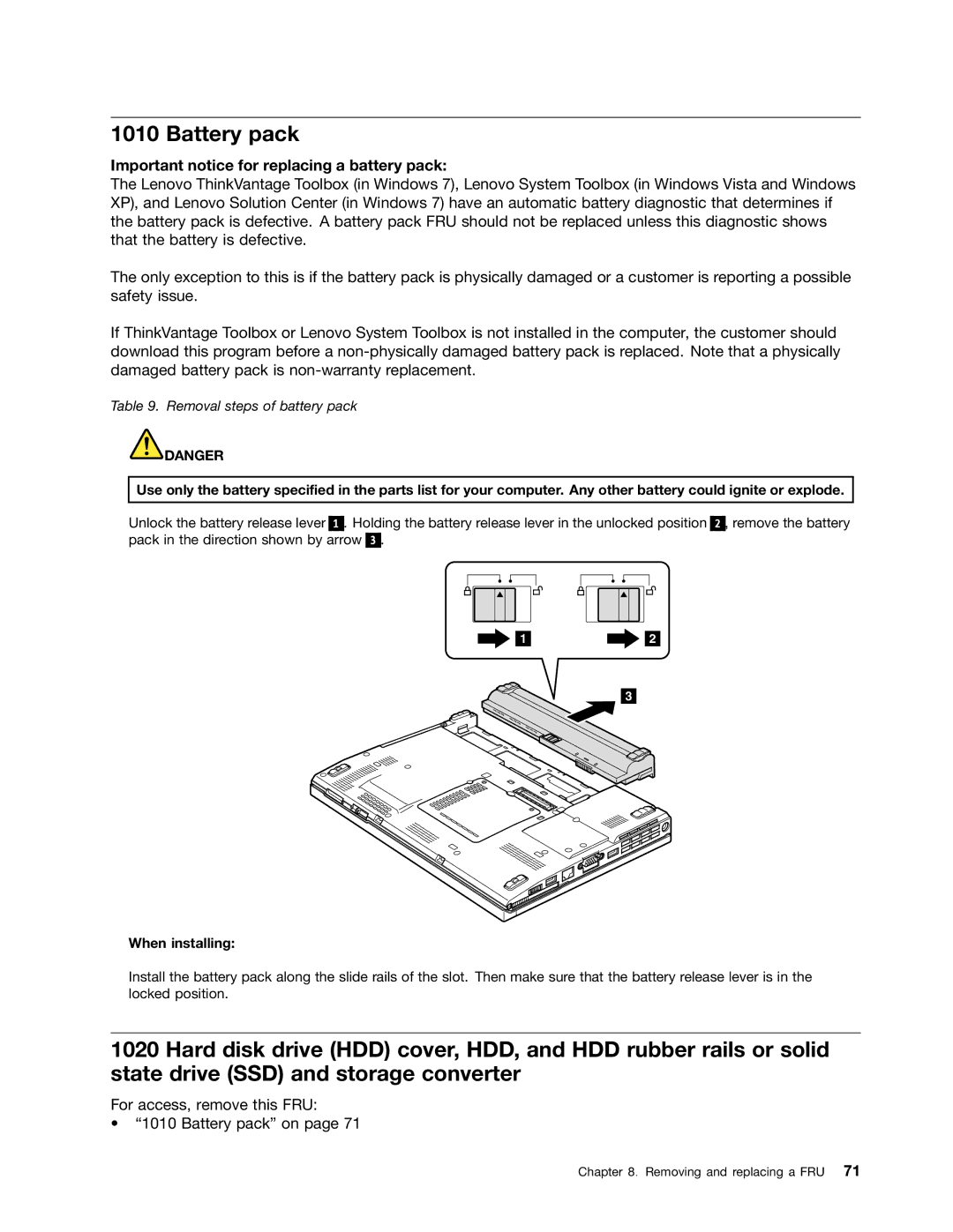 Lenovo 3093AC6 manual Battery pack, When installing 