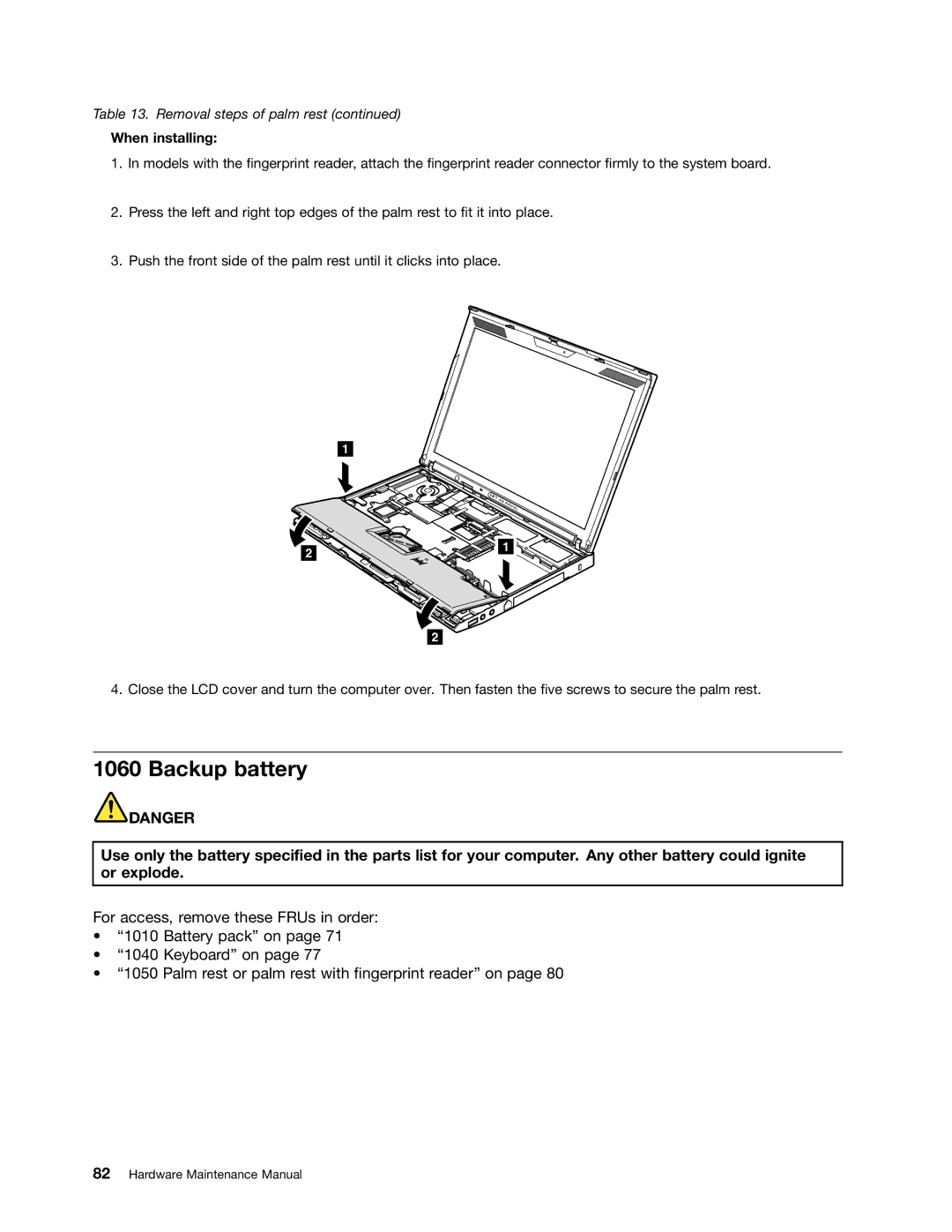 Lenovo 3093AC6 manual Backup battery, When installing 