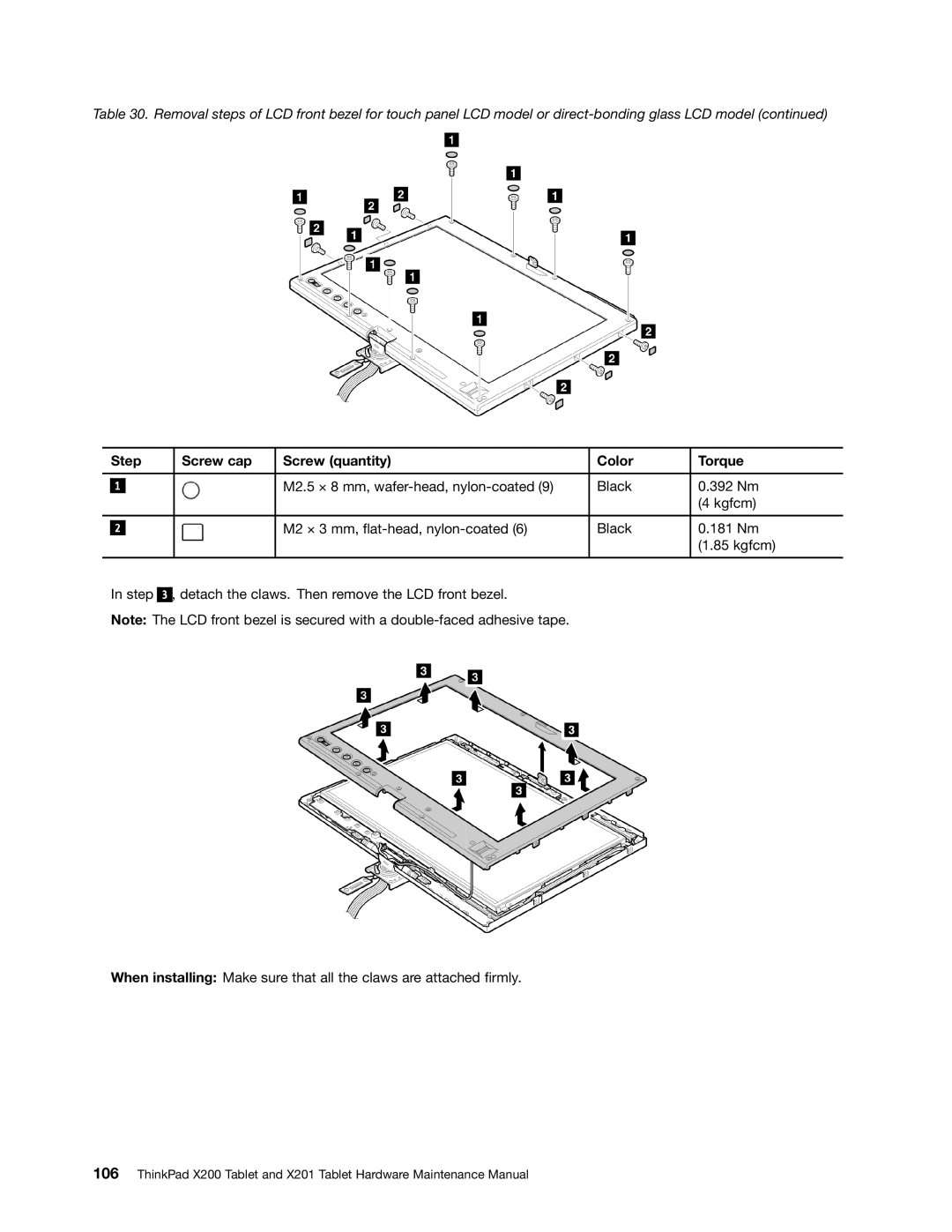 Lenovo 3093AC6 manual Step Screw cap Screw quantity Color Torque 