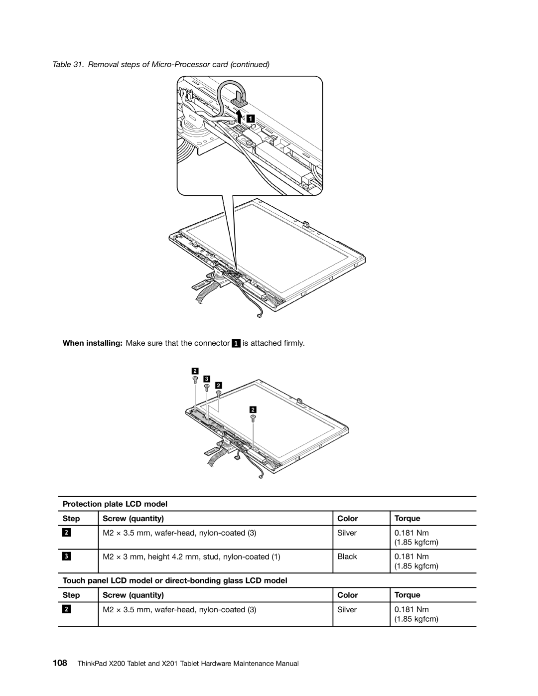 Lenovo 3093AC6 manual Protection plate LCD model Step Screw quantity Color Torque 