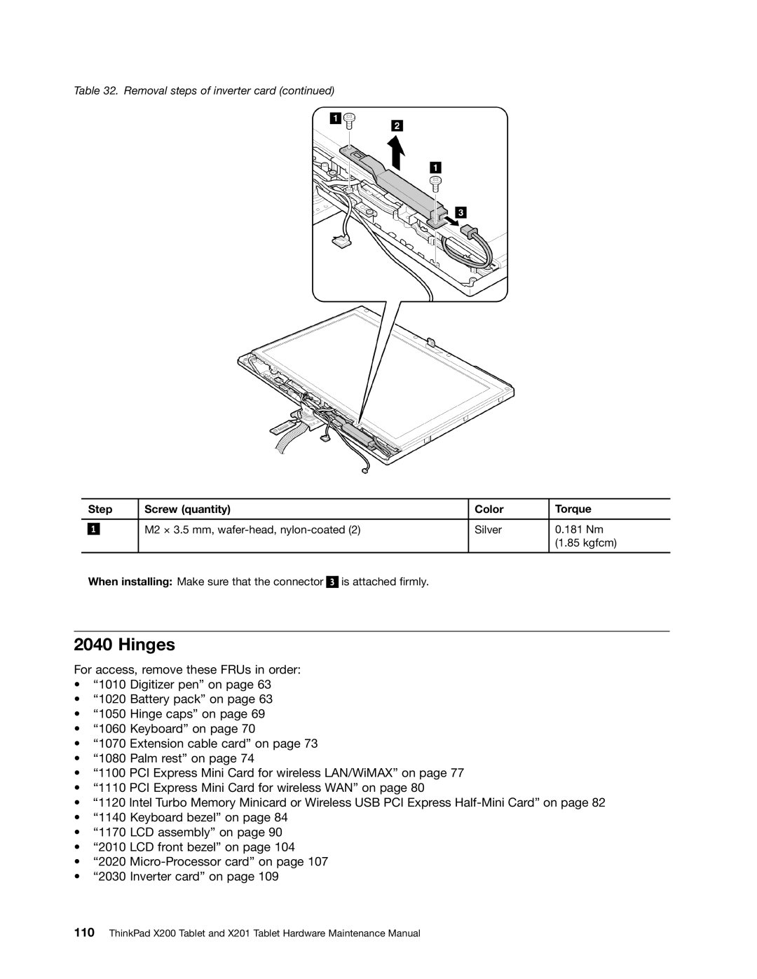 Lenovo 3093AC6 manual Hinges, Step Screw quantity Color Torque 