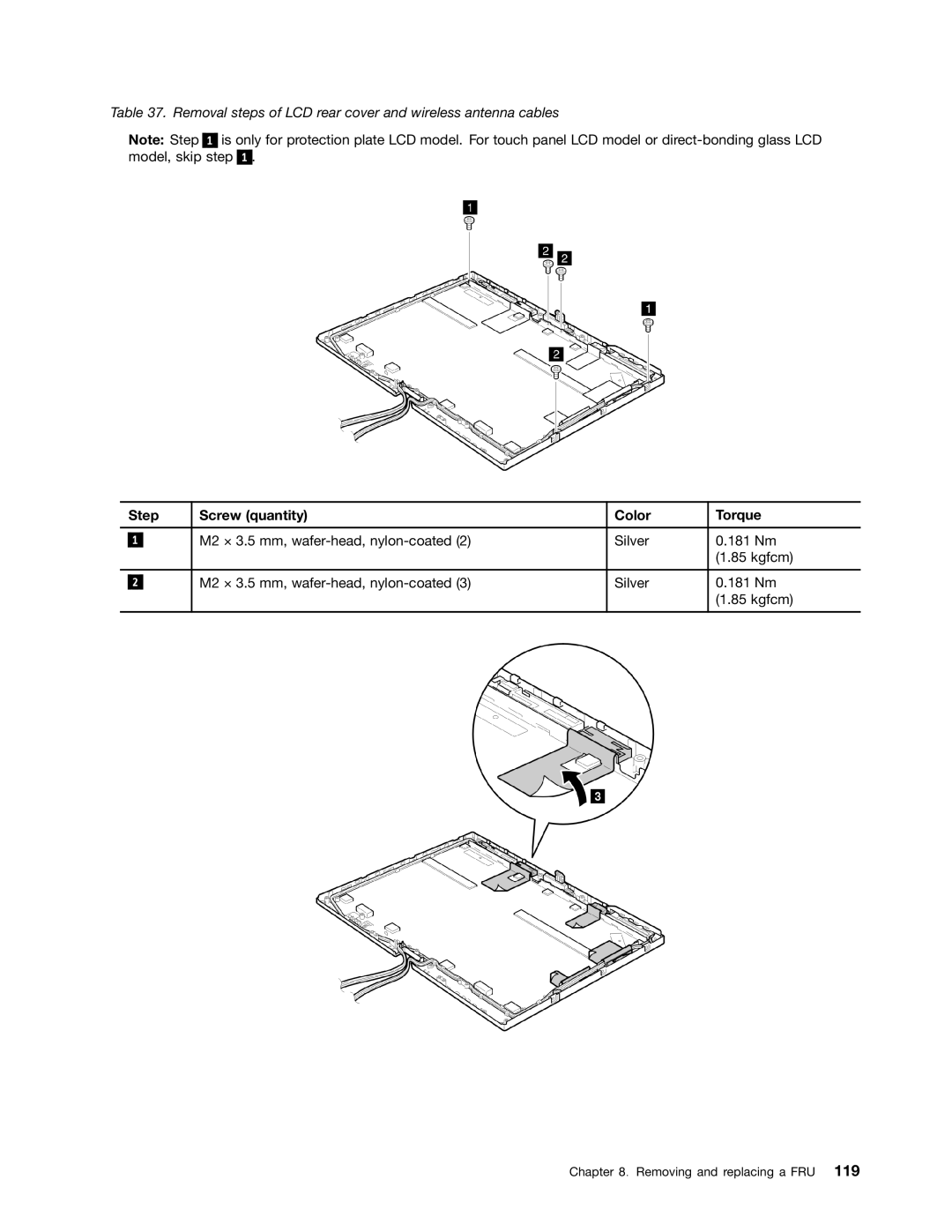 Lenovo 3093AC6 manual Removal steps of LCD rear cover and wireless antenna cables 