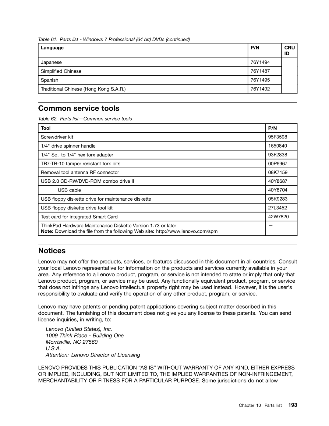 Lenovo 3093AC6 manual Common service tools, Tool 