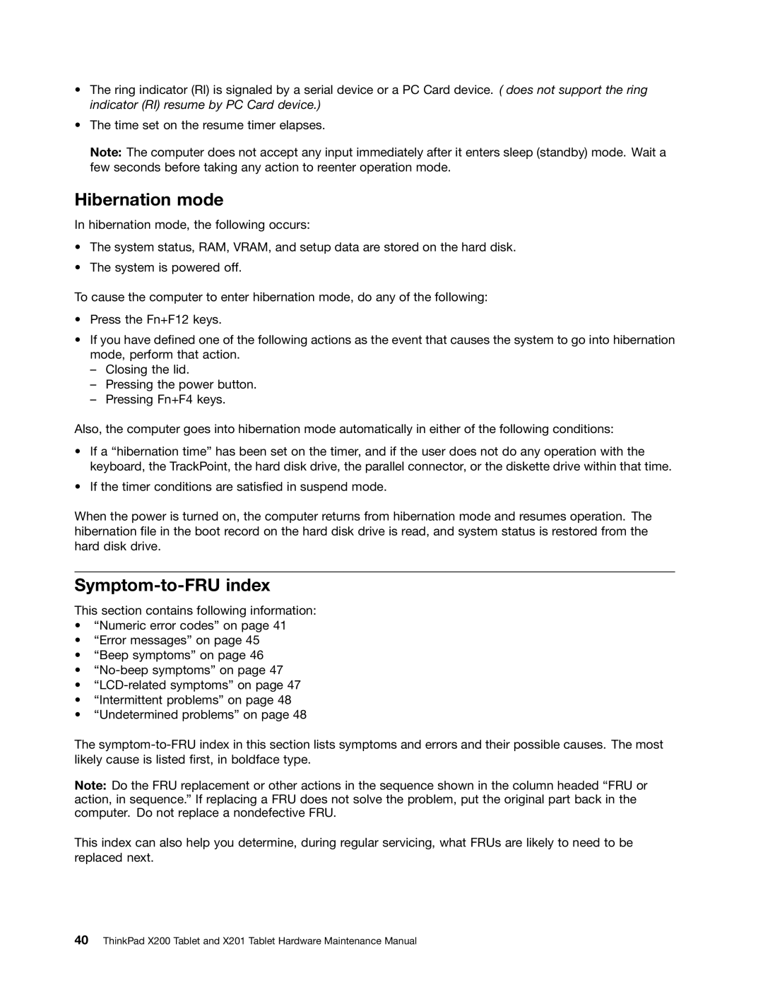 Lenovo 3093AC6 manual Hibernation mode, Symptom-to-FRU index 