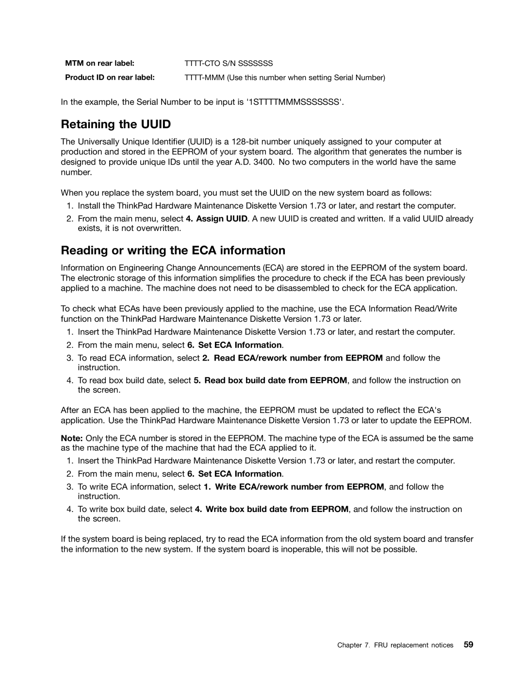 Lenovo 3093AC6 manual Retaining the Uuid, Reading or writing the ECA information, MTM on rear label 