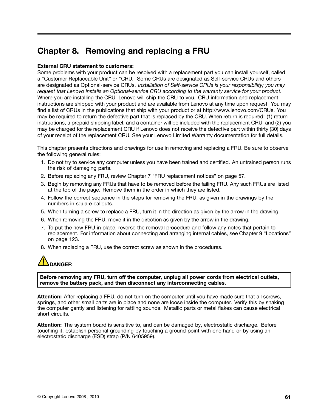 Lenovo 3093AC6 manual Removing and replacing a FRU 