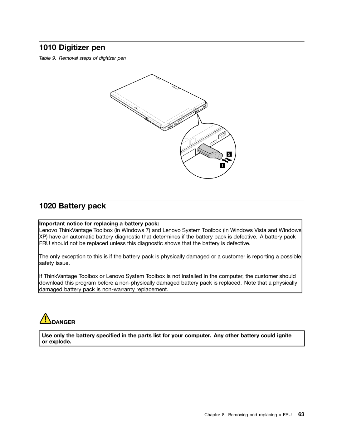 Lenovo 3093AC6 manual Digitizer pen, Battery pack 