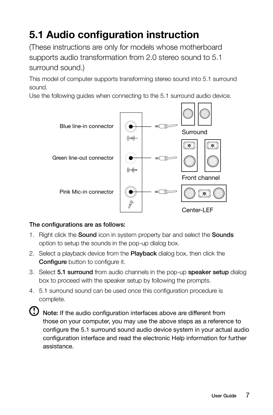 Lenovo 57312709, 3099, 57RF0010, 57312430, 2558, H430, B540, 1194, 1196, 10080, 10091 manual Audio configuration instruction 