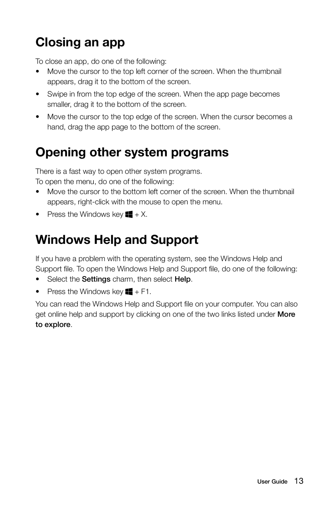 Lenovo 1194, 3099, 57312709, 57RF0010, 57312430, 2558 Closing an app, Opening other system programs, Windows Help and Support 