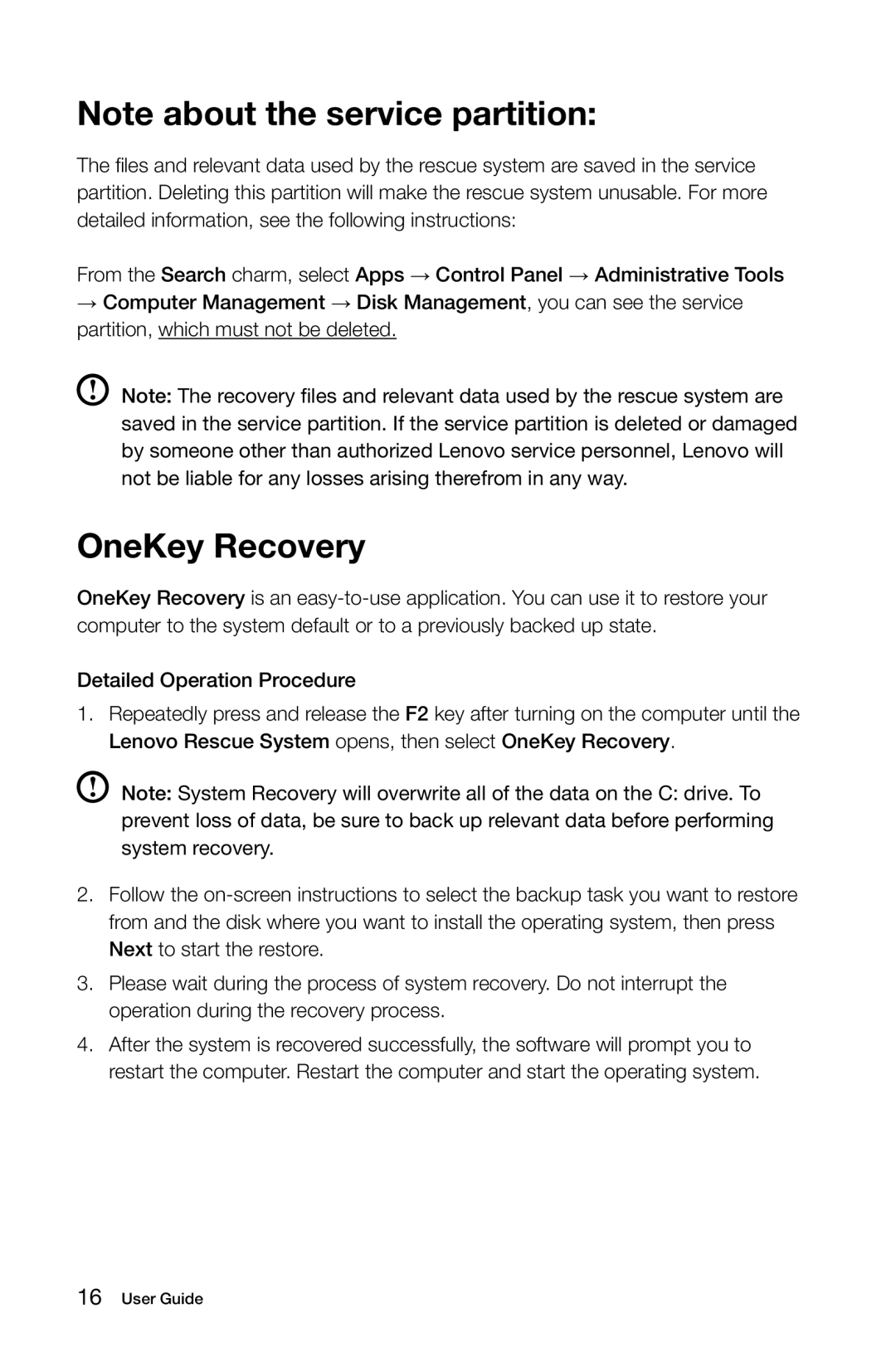 Lenovo 10091, 3099, 57312709, 57RF0010, 57312430, 2558, H430, B540, 1194, 1196, 10080 manual OneKey Recovery 