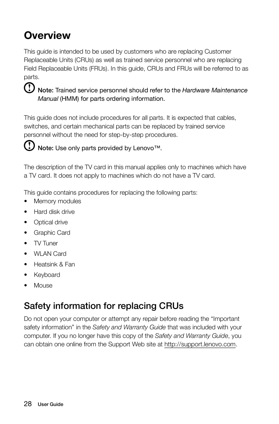 Lenovo 3099, 57312709, 57RF0010, 57312430, 2558, H430, B540, 1194, 1196, 10080 Overview, Safety information for replacing CRUs 