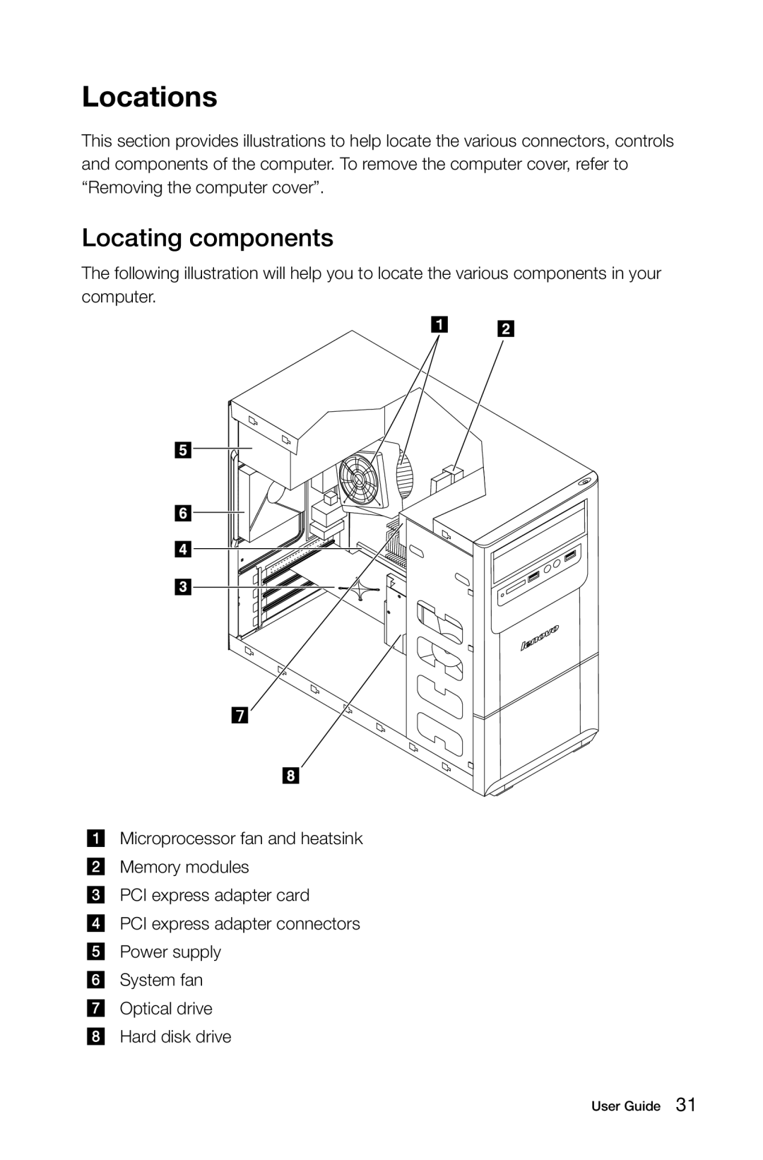 Lenovo 57312430, 3099, 57312709, 57RF0010, 2558, H430, B540, 1194, 1196, 10080, 10091 manual Locations, Locating components 