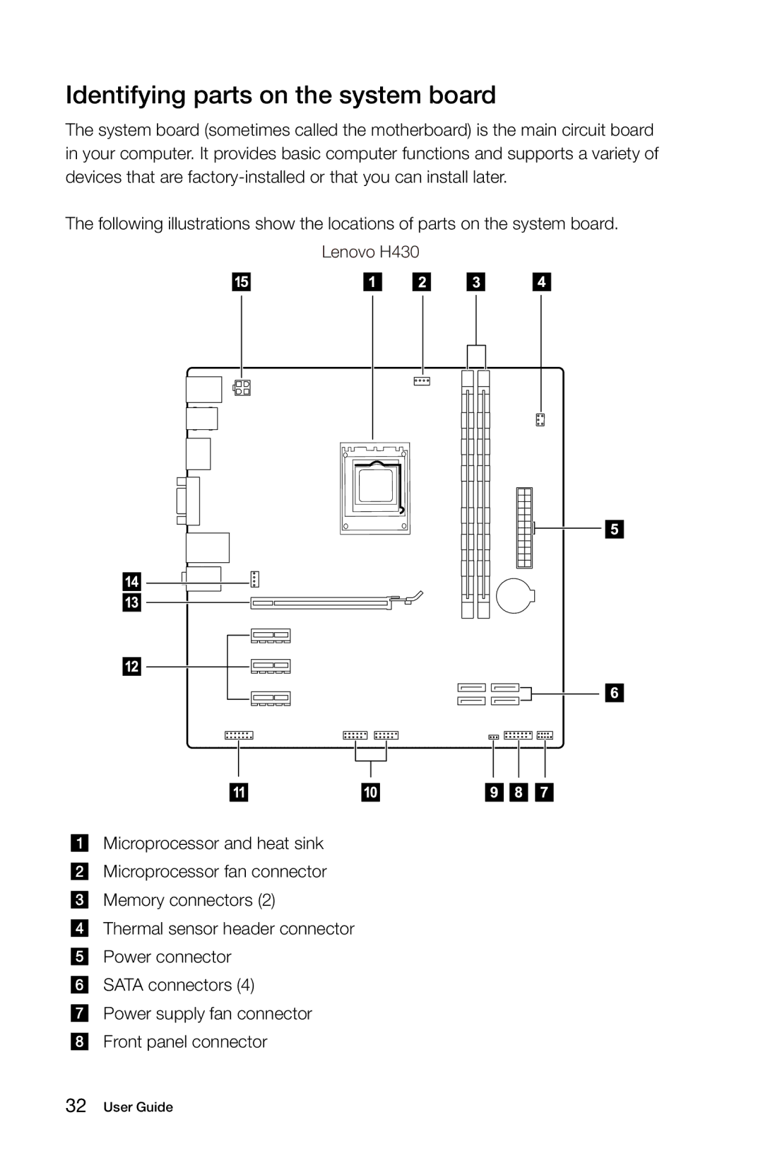 Lenovo 2558, 3099, 57312709, 57RF0010, 57312430, B540, 1194, 1196, 10080, 10091 Identifying parts on the system board, Lenovo H430 