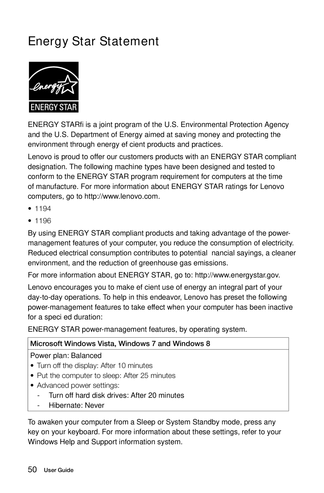 Lenovo 3099, 57312709, 57RF0010, 57312430, 2558, H430, B540, 10080, 10091 manual Energy Star Statement, 1194 1196 