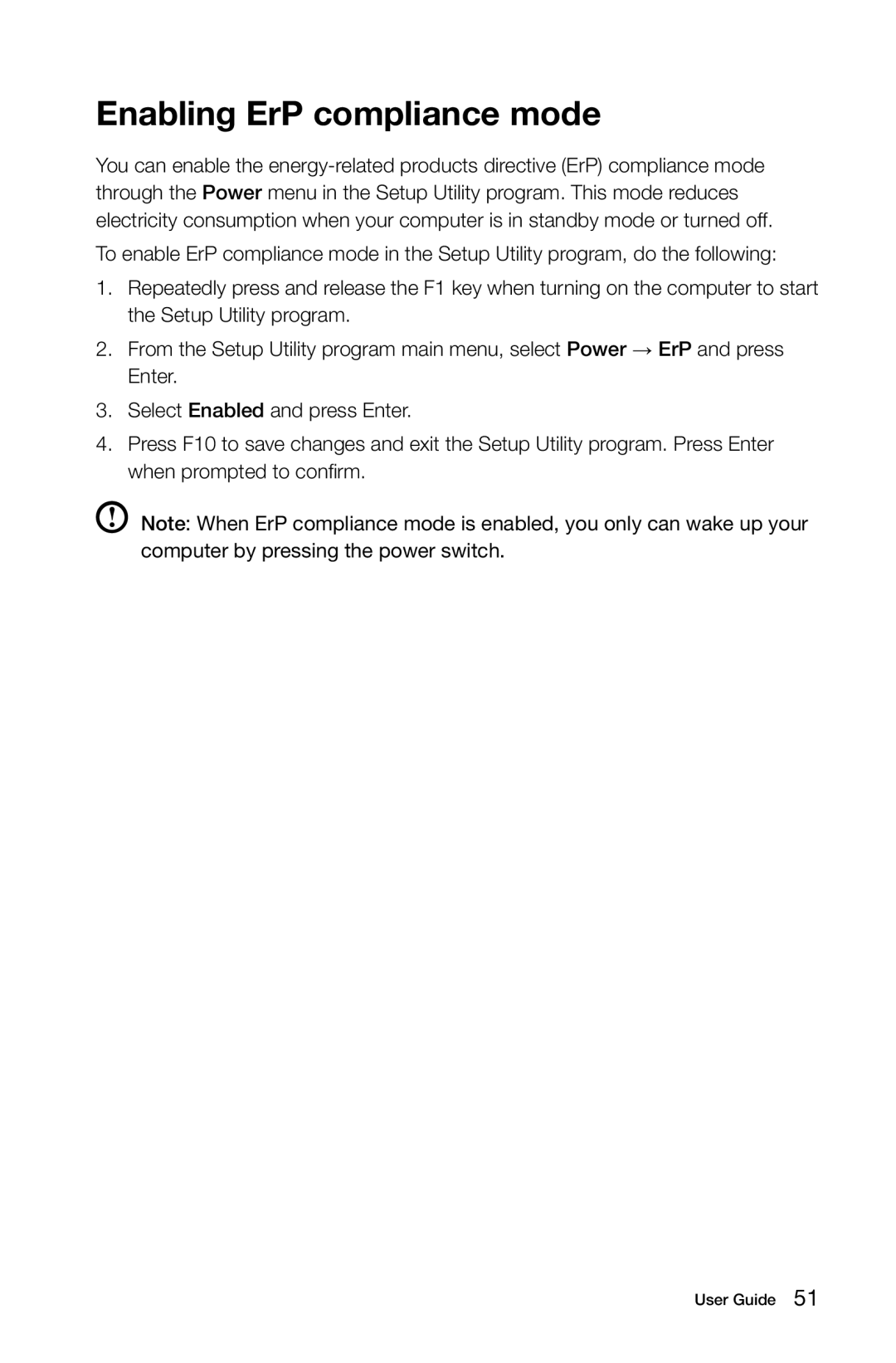 Lenovo 57312709, 3099, 57RF0010, 57312430, 2558, H430, B540, 1194, 1196, 10080, 10091 manual Enabling ErP compliance mode 