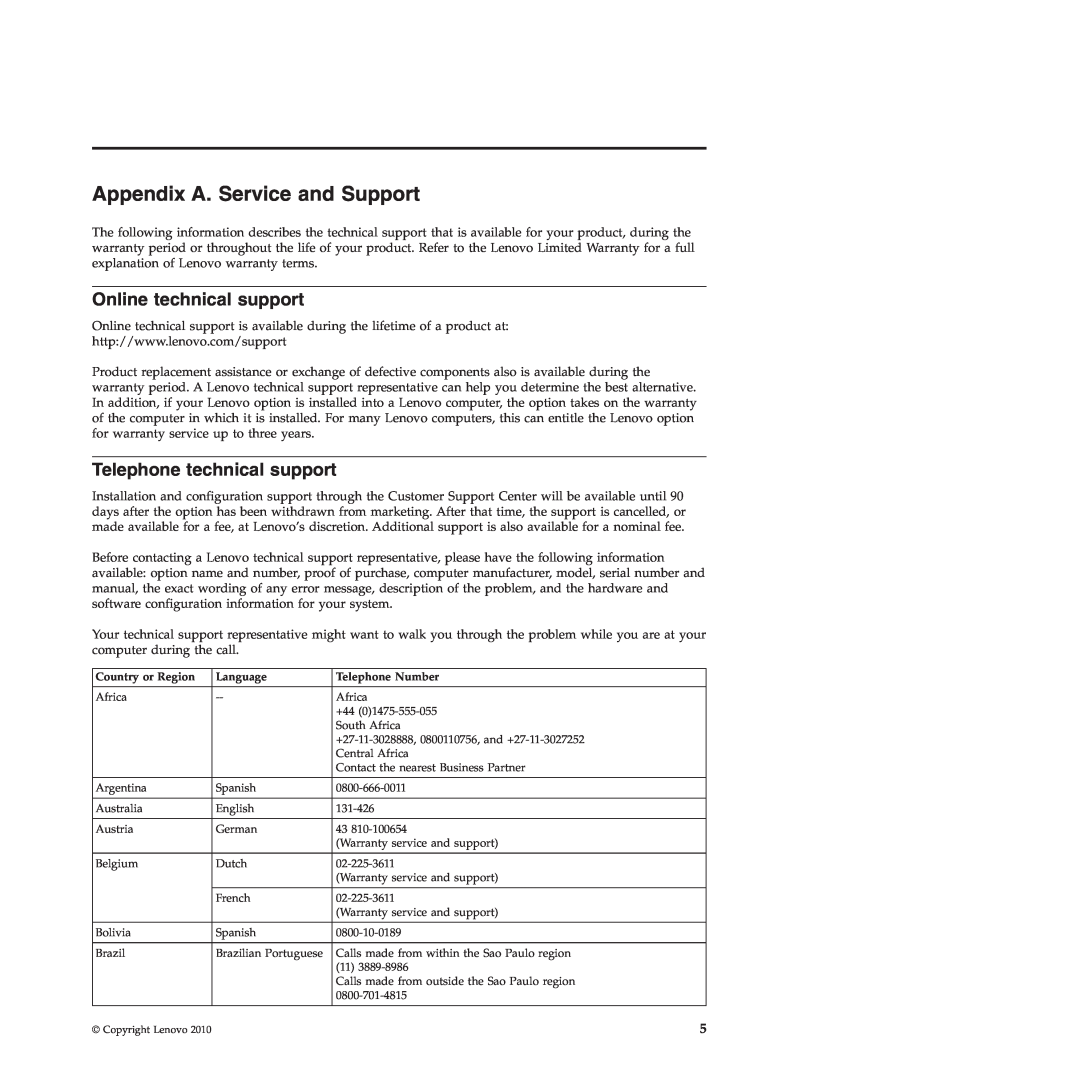 Lenovo 310 manual Appendix A. Service and Support, Online technical support, Telephone technical support 