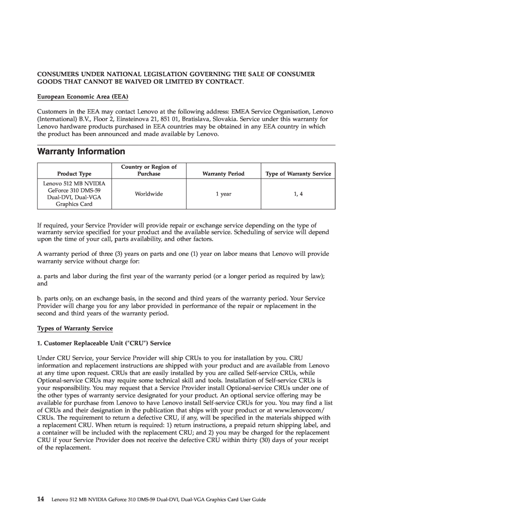 Lenovo 310 manual Warranty Information, European Economic Area EEA, Types of Warranty Service 