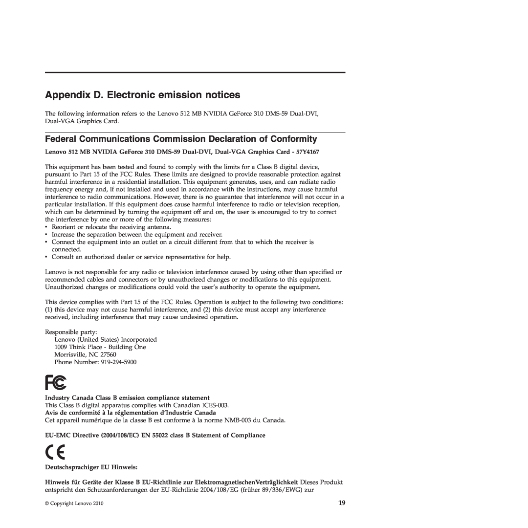 Lenovo 310 manual Appendix D. Electronic emission notices, Deutschsprachiger EU Hinweis 