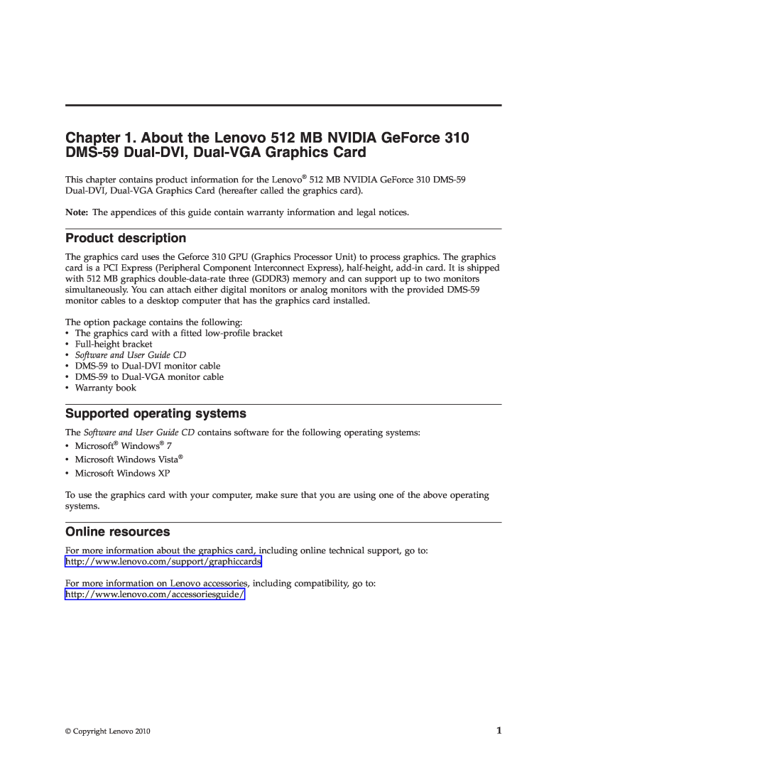 Lenovo 310 manual Product description, Supported operating systems, Online resources, vSoftware and User Guide CD 
