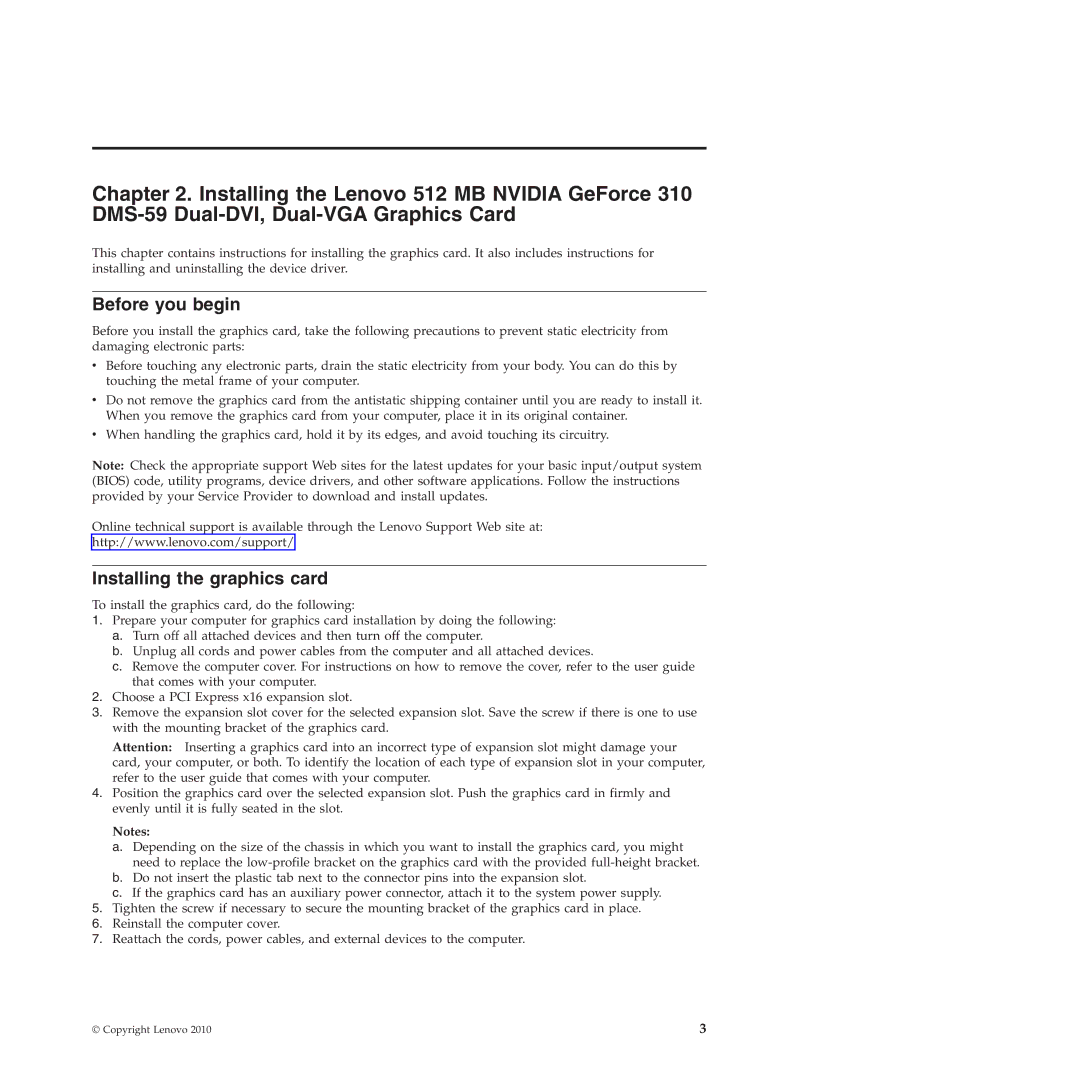 Lenovo 310 manual Before you begin, Installing the graphics card 