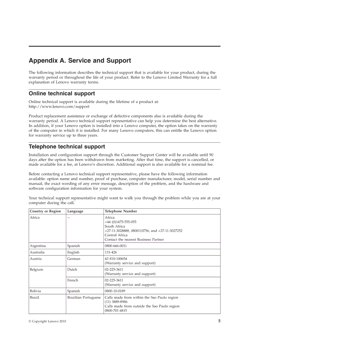 Lenovo 310 manual Appendix A. Service and Support, Online technical support, Telephone technical support 