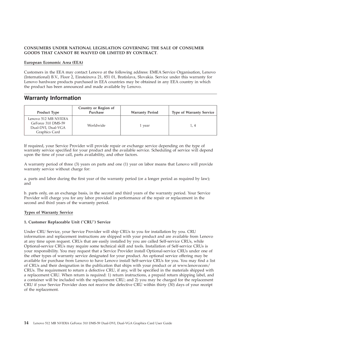 Lenovo 310 manual Warranty Information, European Economic Area EEA 