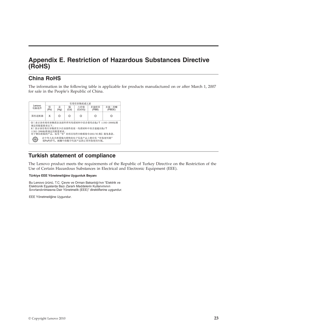 Lenovo 310 manual China RoHS, Turkish statement of compliance 