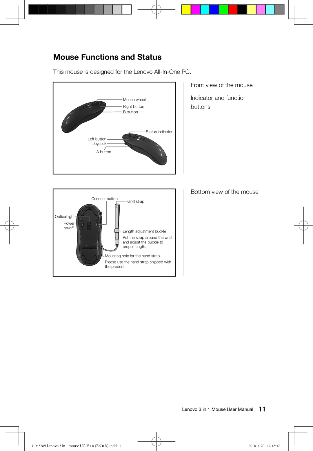 Lenovo 31043789 user manual Mouse Functions and Status, Front view of the mouse Indicator and function buttons 