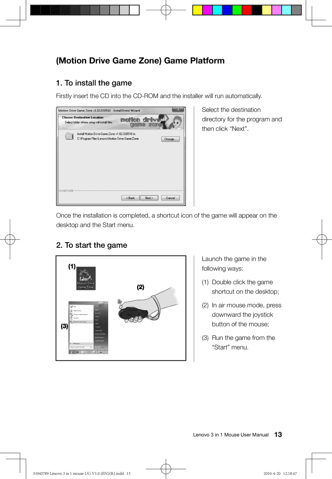 Lenovo 31043789 user manual Motion Drive Game Zone Game Platform, To install the game, To start the game 