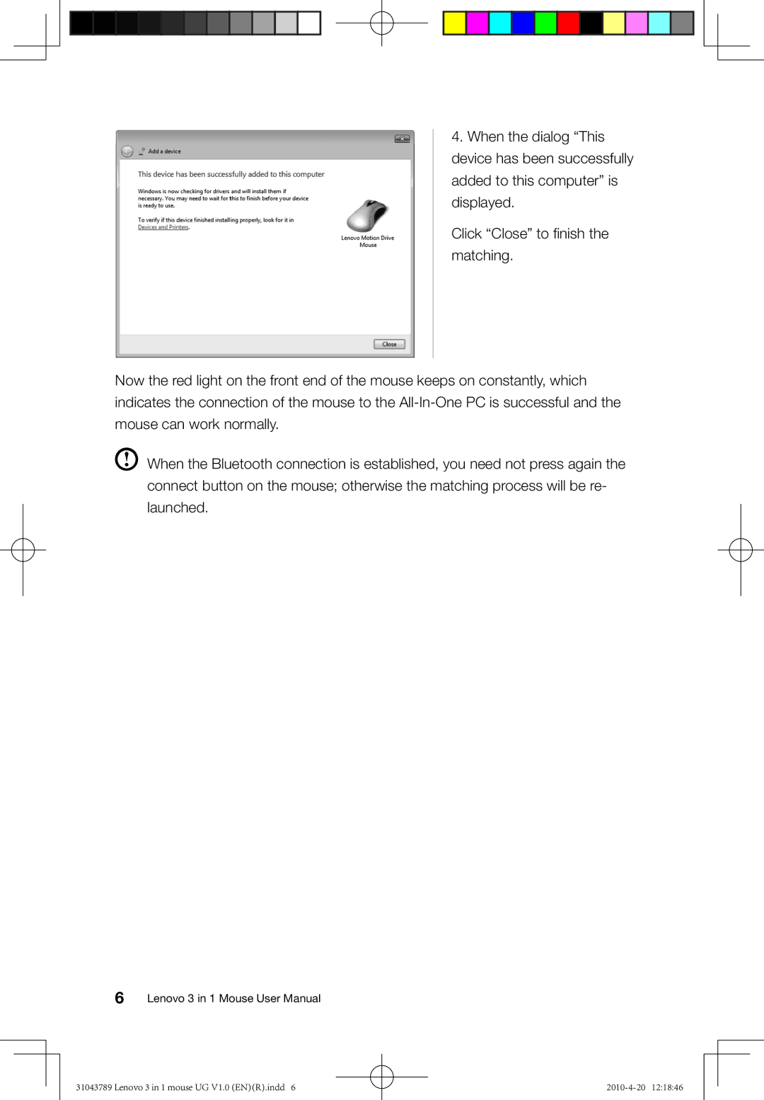 Lenovo 31043789 user manual Lenovo 3 in 1 mouse UG V1.0 ENR.indd 2010-4-20 