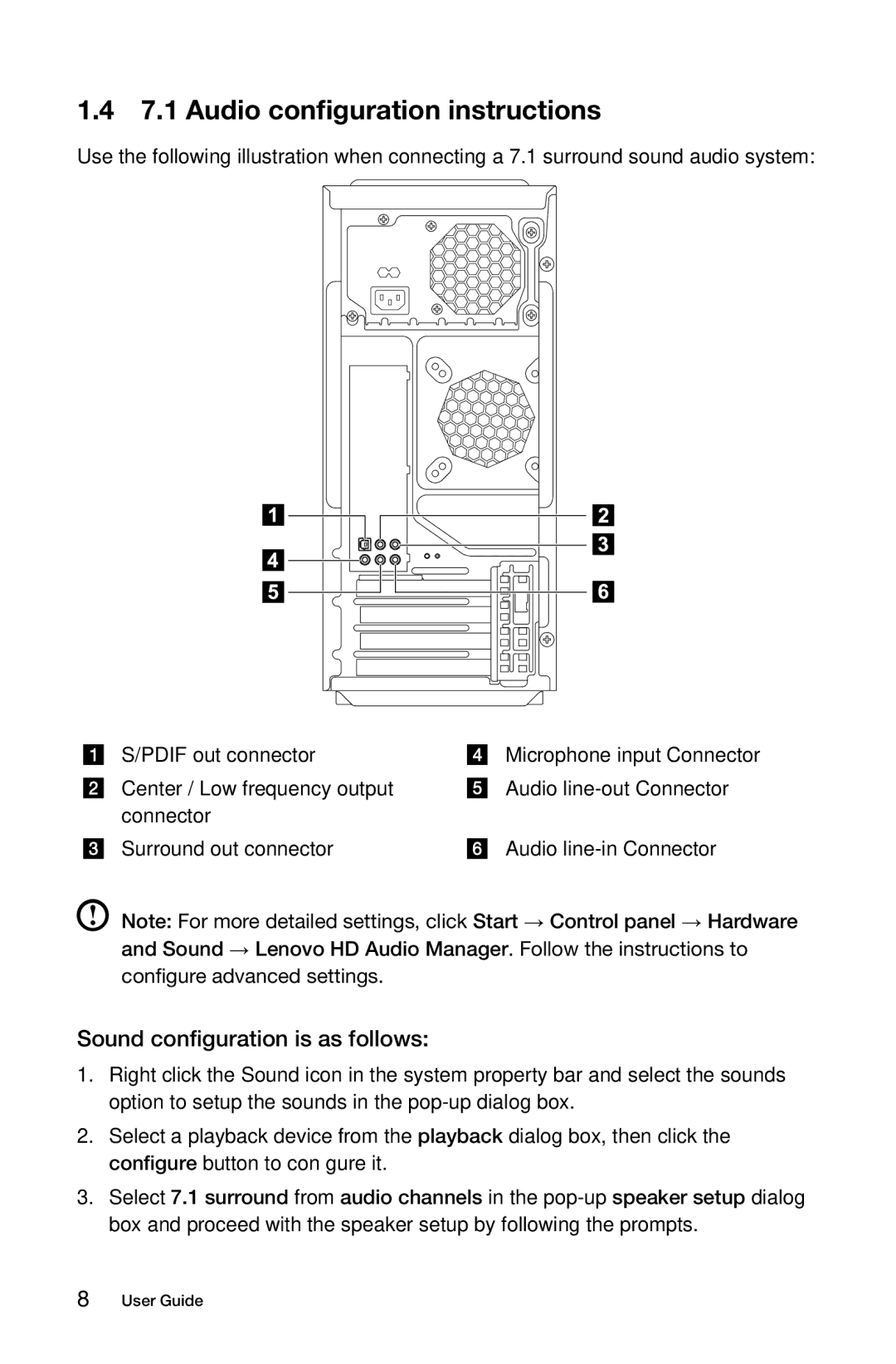 Lenovo 4743 K430, 3109, 10086 manual Audio configuration instructions, Sound configuration is as follows 