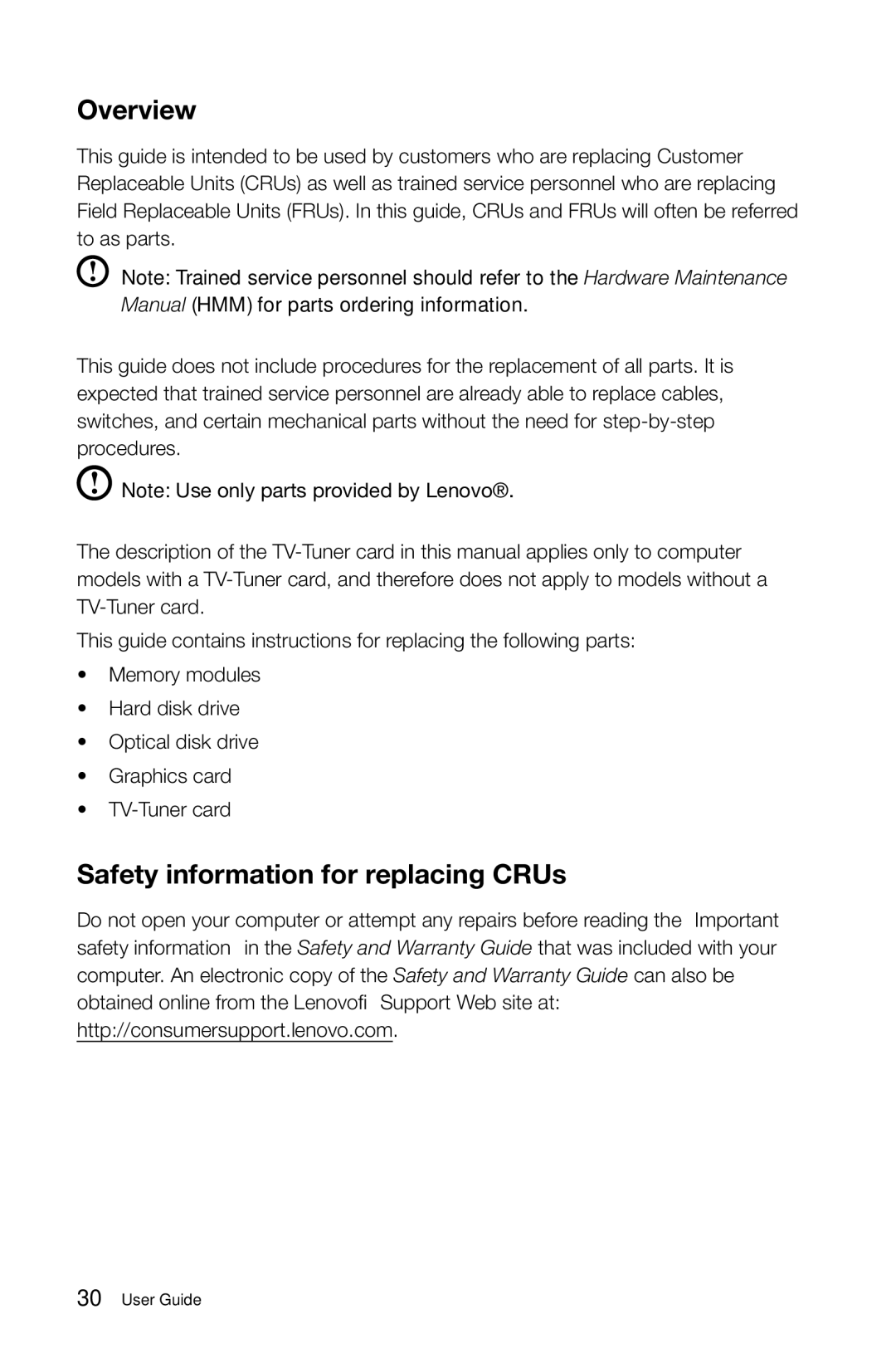 Lenovo 10086, 3109, 4743 K430 manual Overview, Safety information for replacing CRUs 