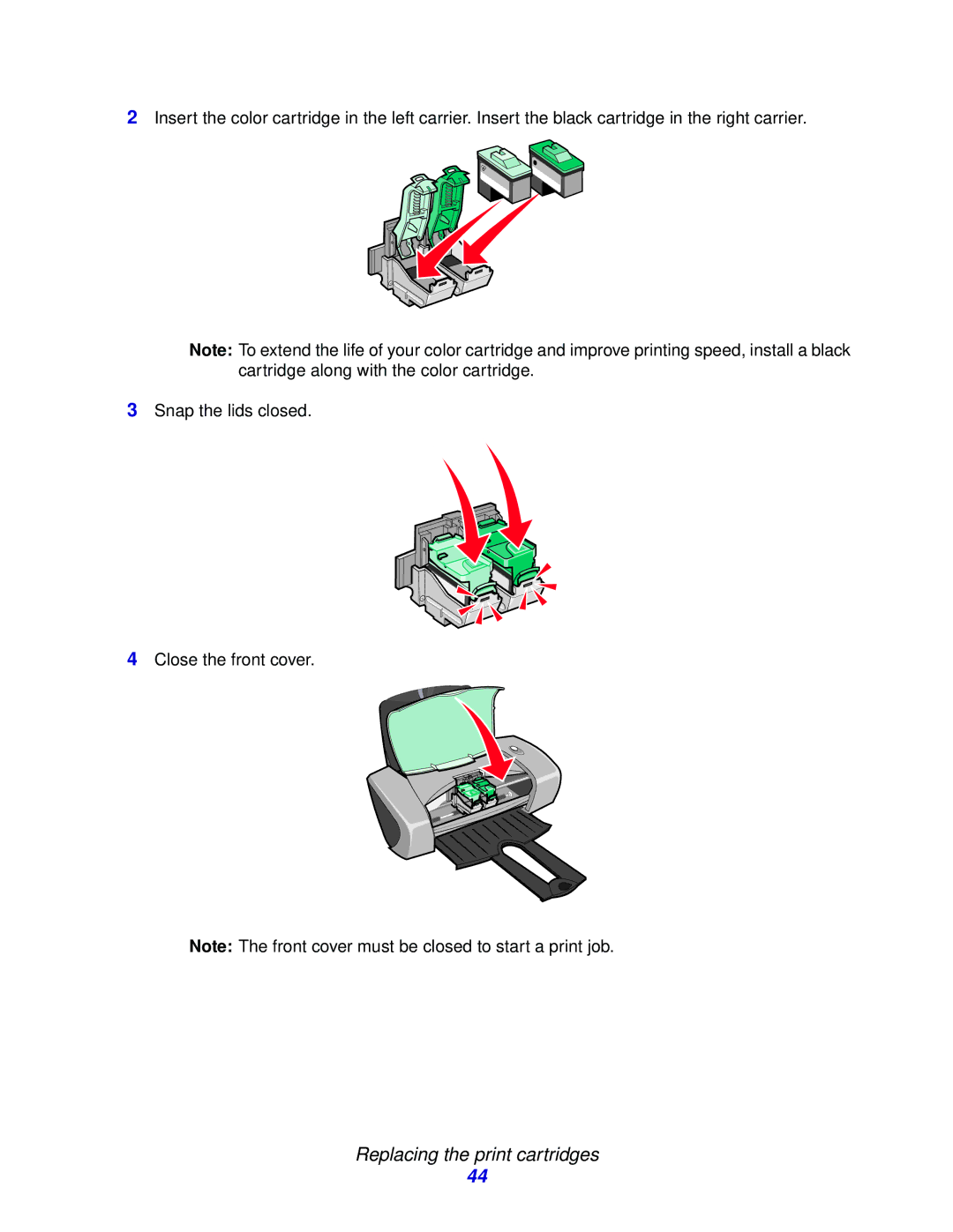 Lenovo 3110 manual Replacing the print cartridges 