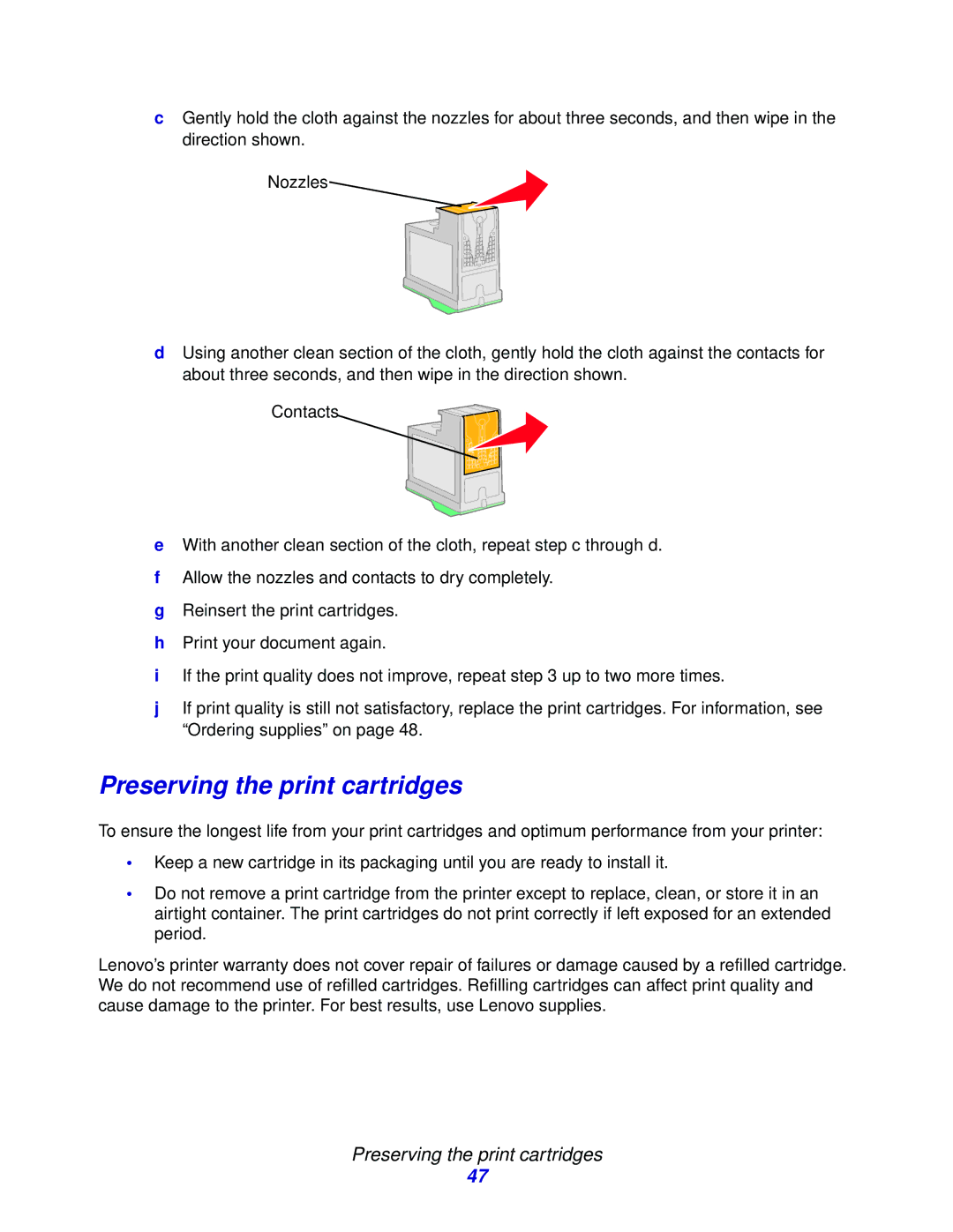 Lenovo 3110 manual Preserving the print cartridges 