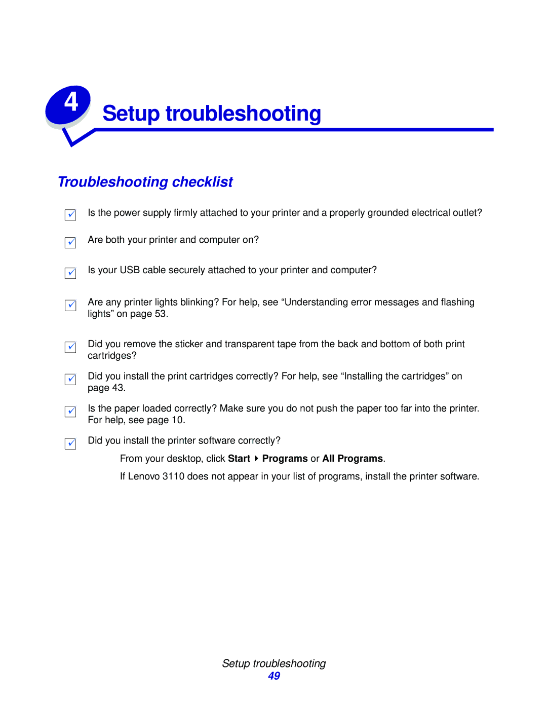 Lenovo 3110 manual Troubleshooting checklist, Setup troubleshooting 