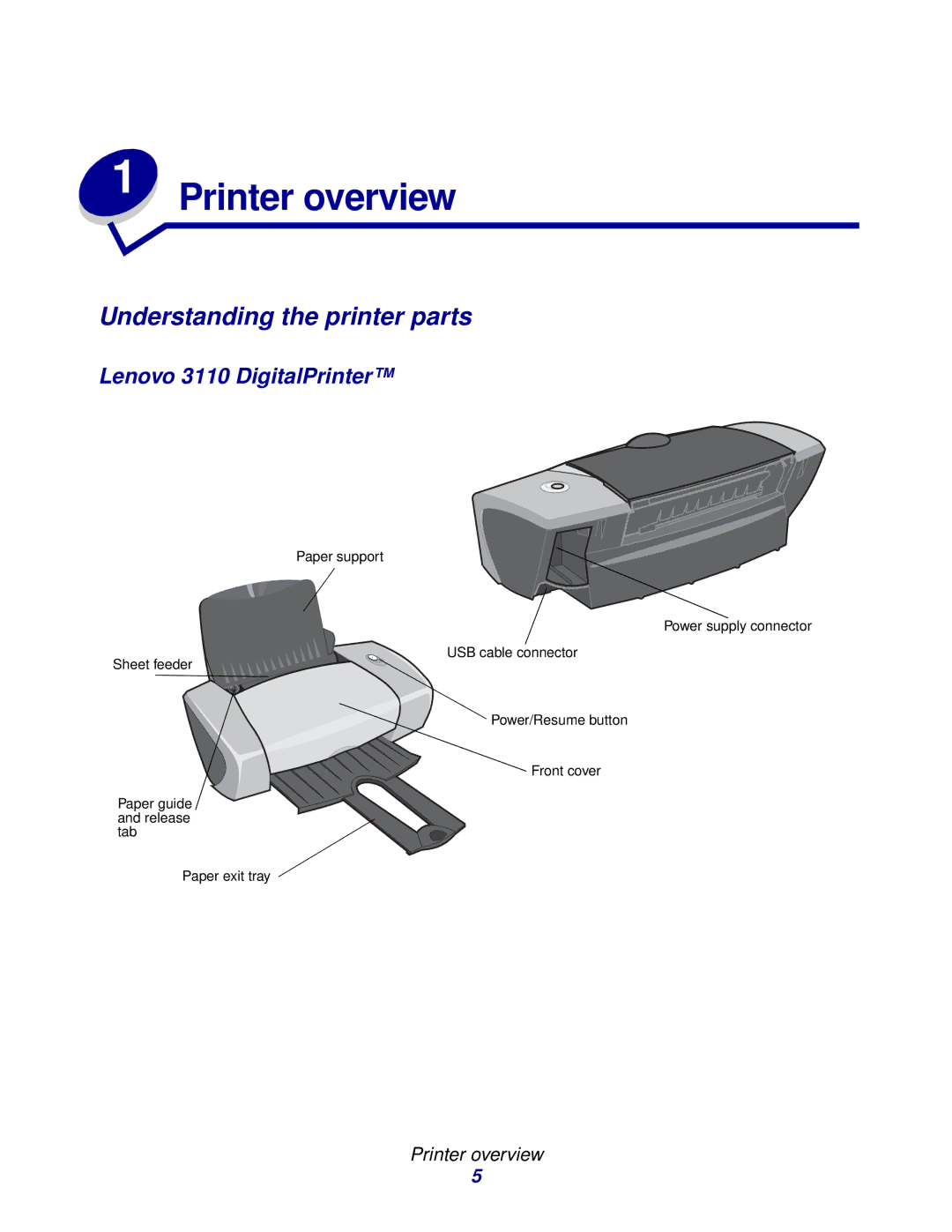 Lenovo manual Understanding the printer parts, Lenovo 3110 DigitalPrinter, Printer overview 