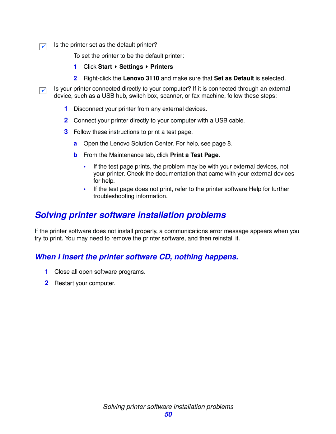 Lenovo 3110 manual Solving printer software installation problems, When I insert the printer software CD, nothing happens 