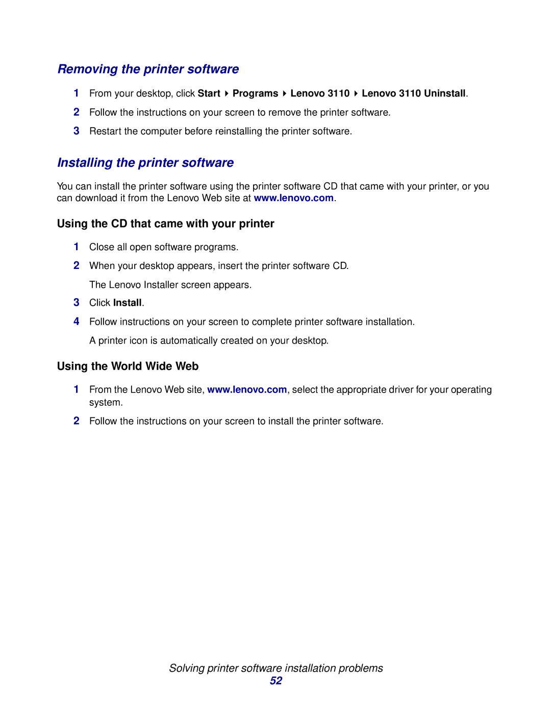 Lenovo 3110 manual Removing the printer software, Installing the printer software 