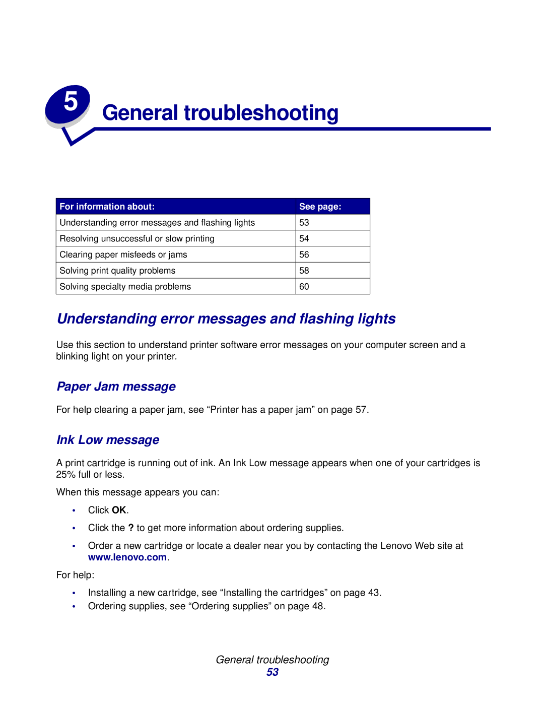 Lenovo 3110 Understanding error messages and flashing lights, Paper Jam message, Ink Low message, General troubleshooting 