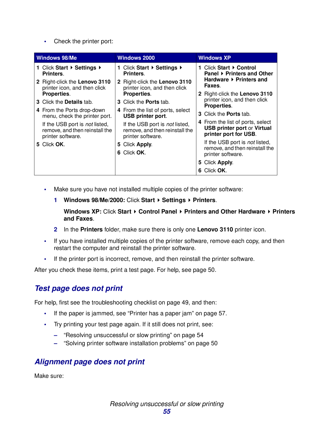 Lenovo 3110 manual Test page does not print, Alignment page does not print 