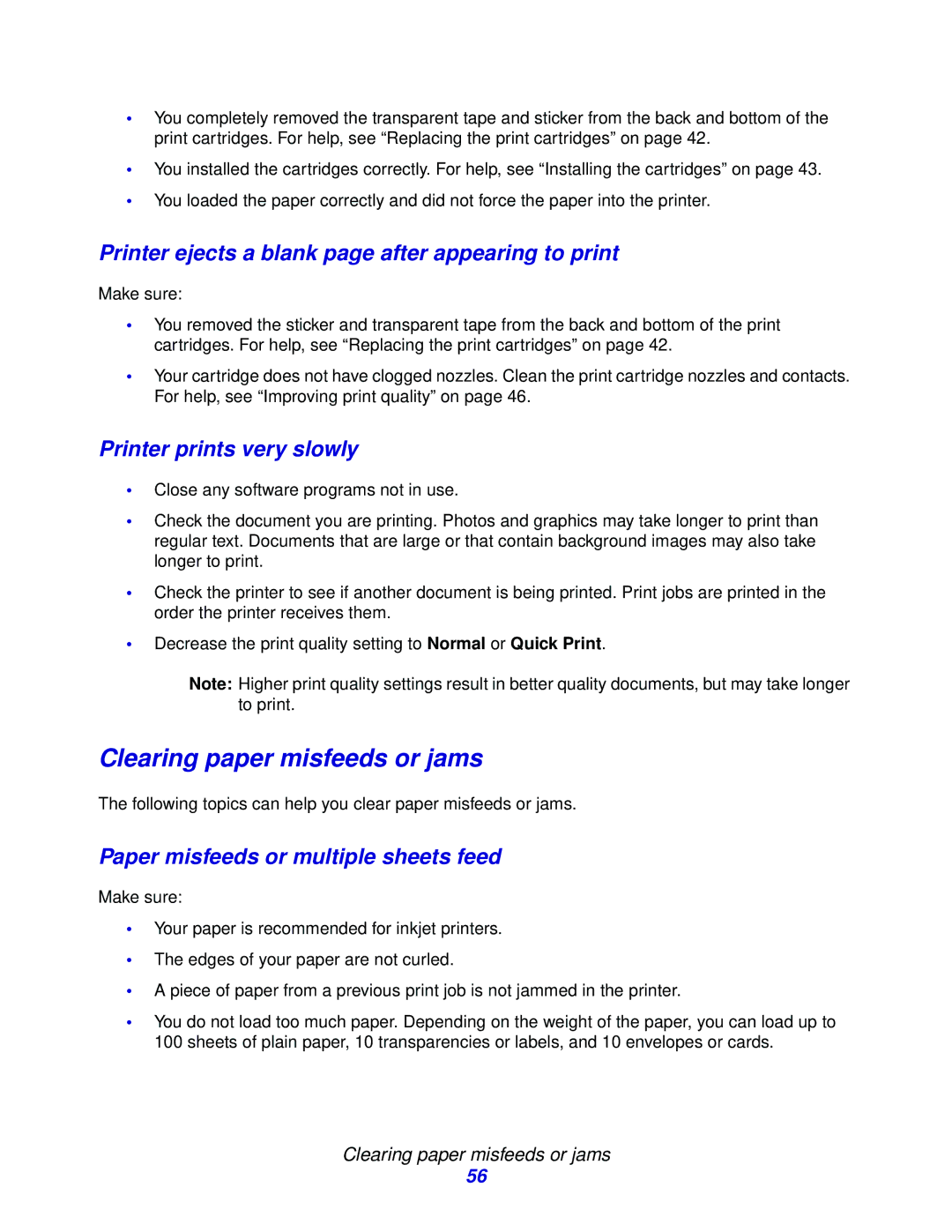 Lenovo 3110 manual Clearing paper misfeeds or jams, Printer ejects a blank page after appearing to print 