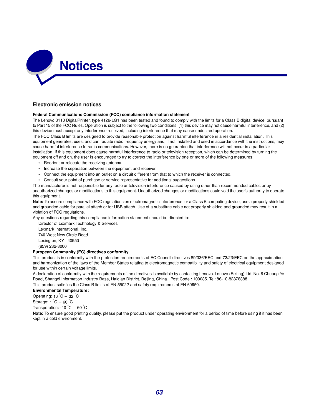 Lenovo 3110 manual Electronic emission notices 