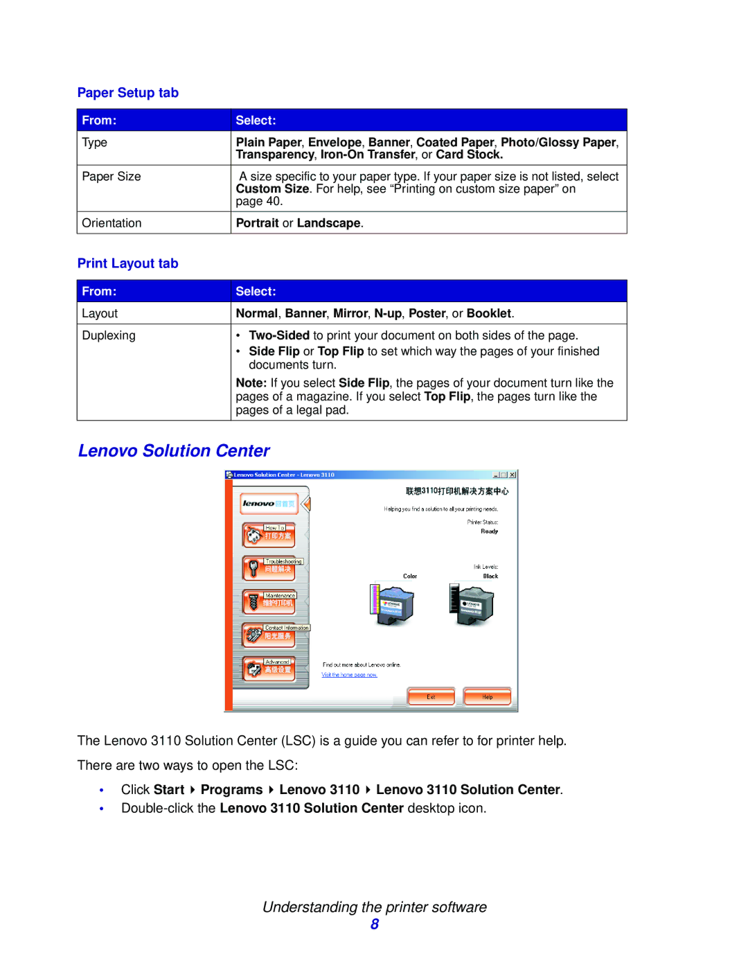 Lenovo 3110 manual Lenovo Solution Center, Paper Setup tab 