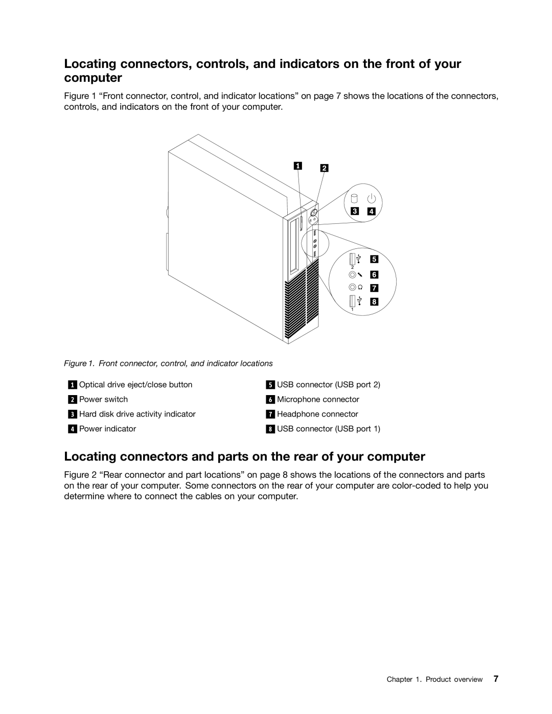 Lenovo 3122 Locating connectors and parts on the rear of your computer, Front connector, control, and indicator locations 