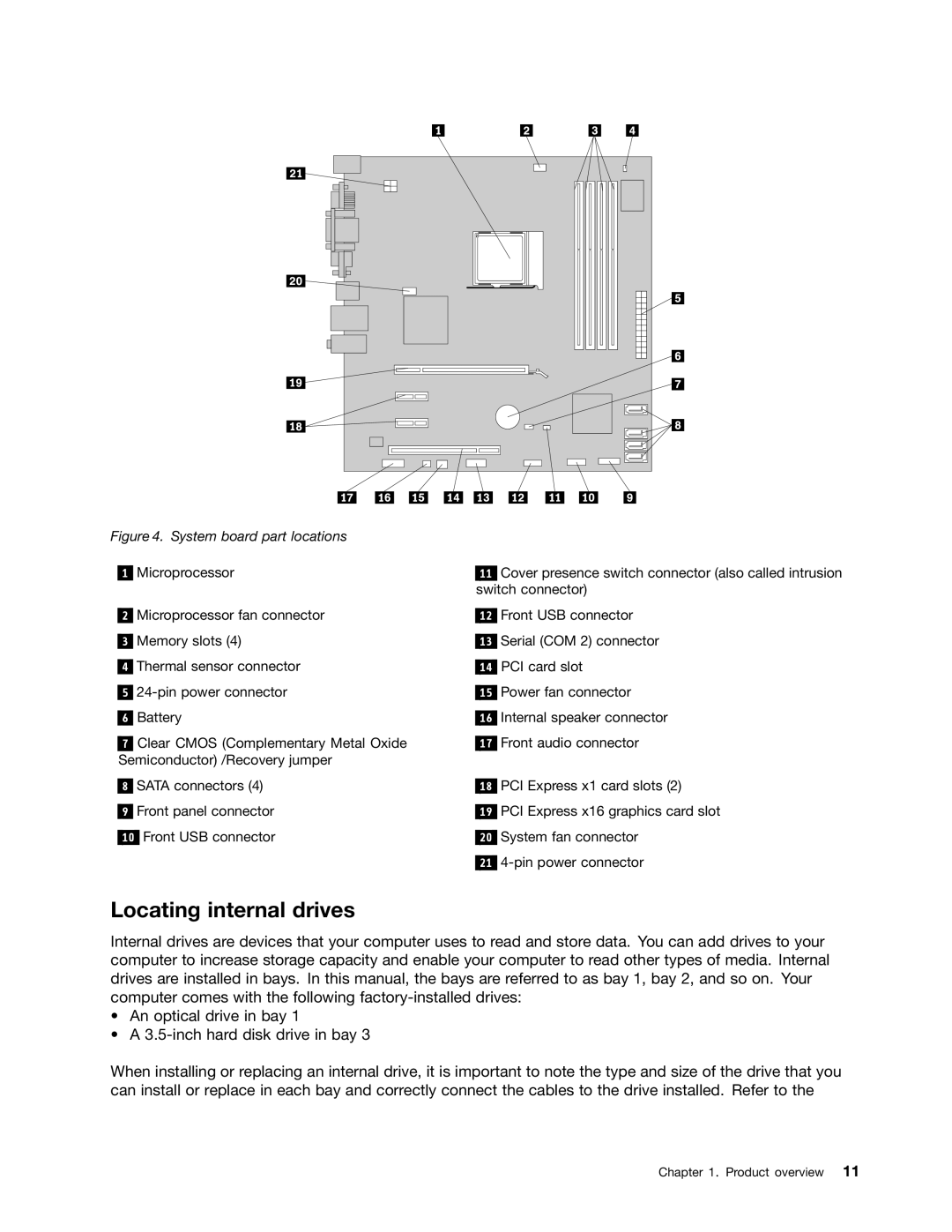 Lenovo 3122, 3120, 3128, 3126 manual Locating internal drives, System board part locations 