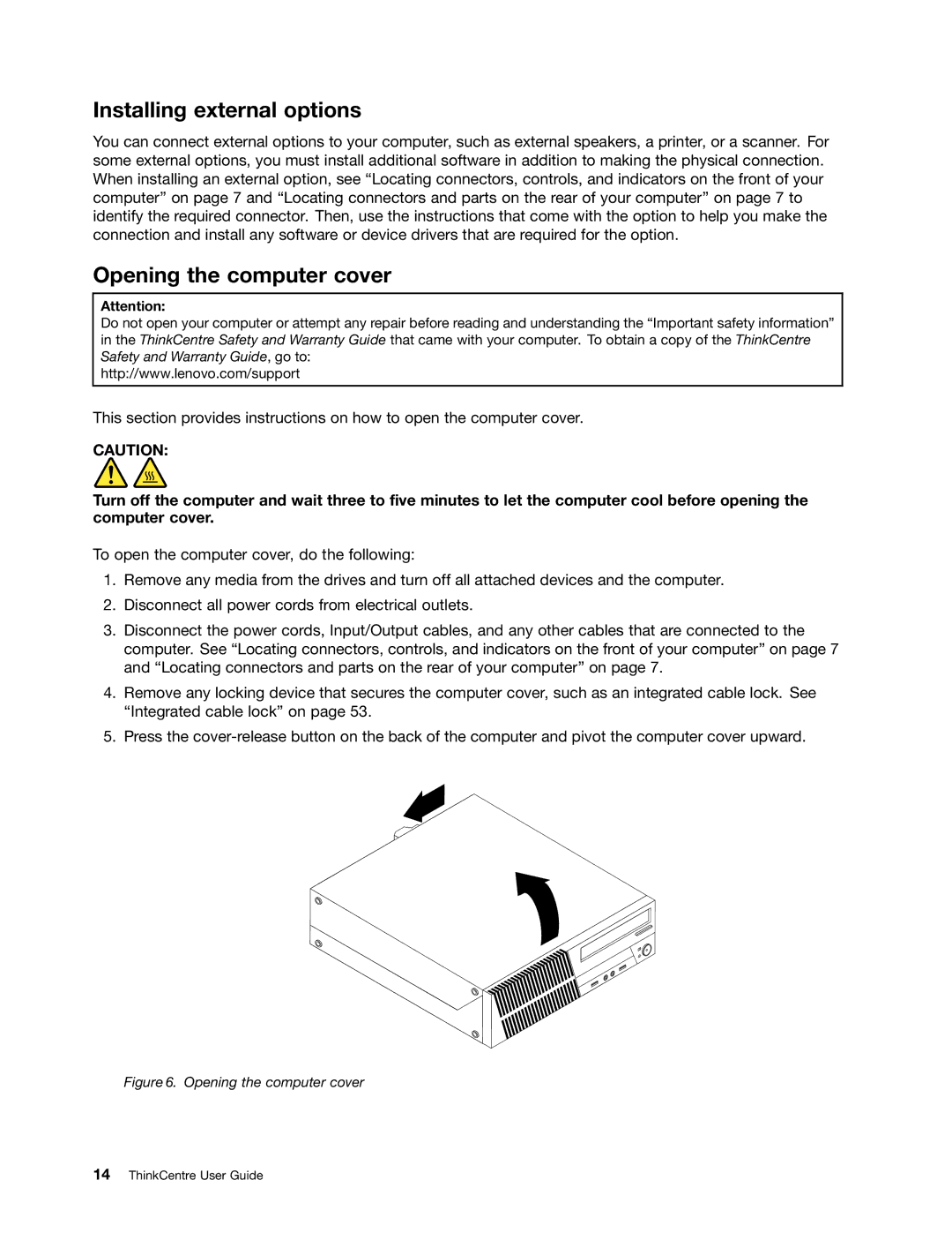 Lenovo 3120, 3122, 3128, 3126 manual Installing external options, Opening the computer cover 