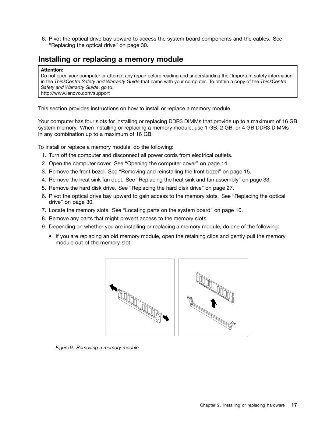 Lenovo 3126, 3120, 3122, 3128 manual Installing or replacing a memory module, Removing a memory module 